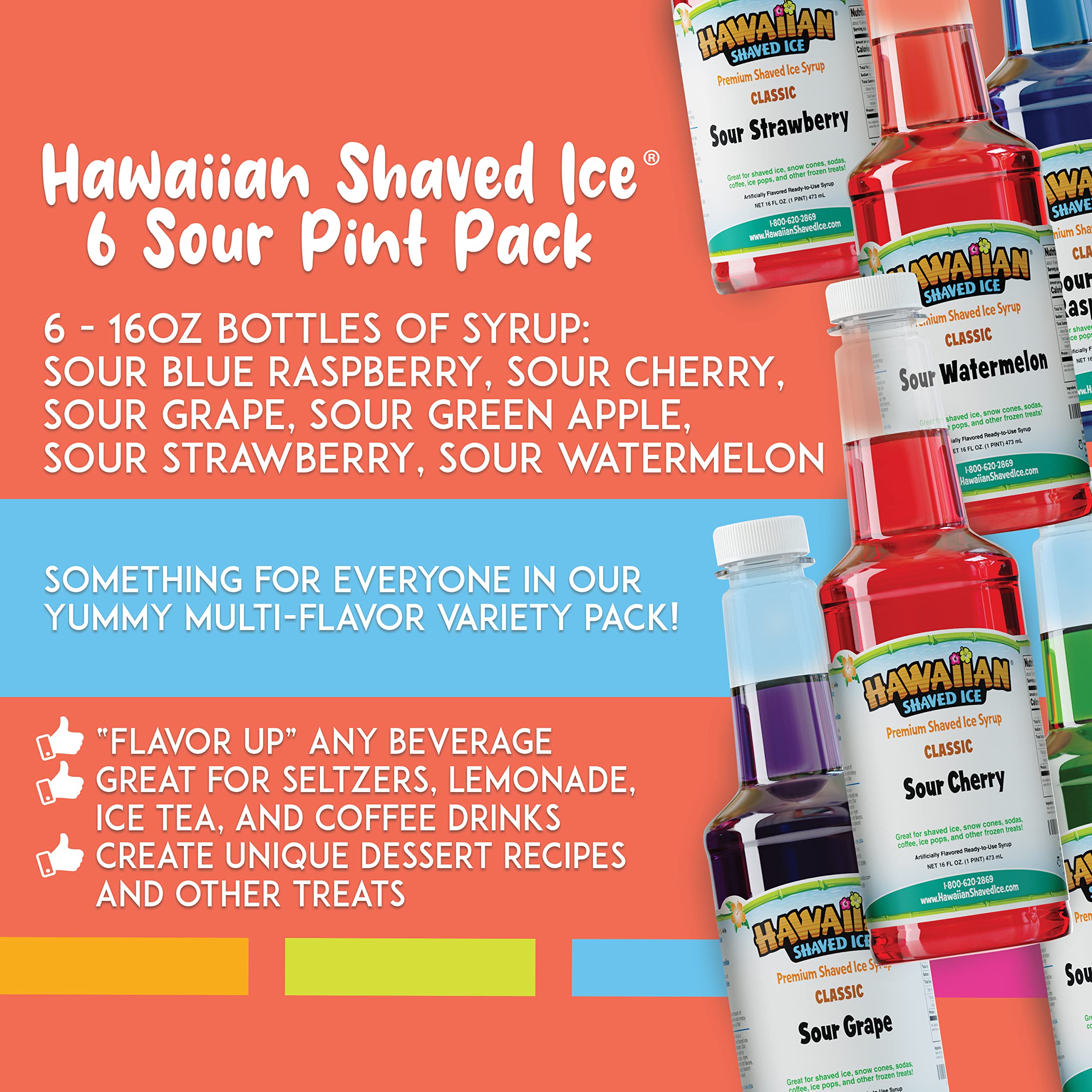 Hawaiian Shaved Ice Sweet and Sour Bundle Featuring the 6 Flavor Snow Cone Syrup Pint Pack with the 6 Sour Syrup Pint Pack Flavoring for Snoballs and Frozen Treats - Image 4